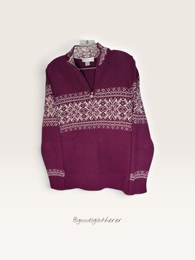 Christopher & Banks Fair Isle Snowflake Quarter Zip Sweater S Burgundy